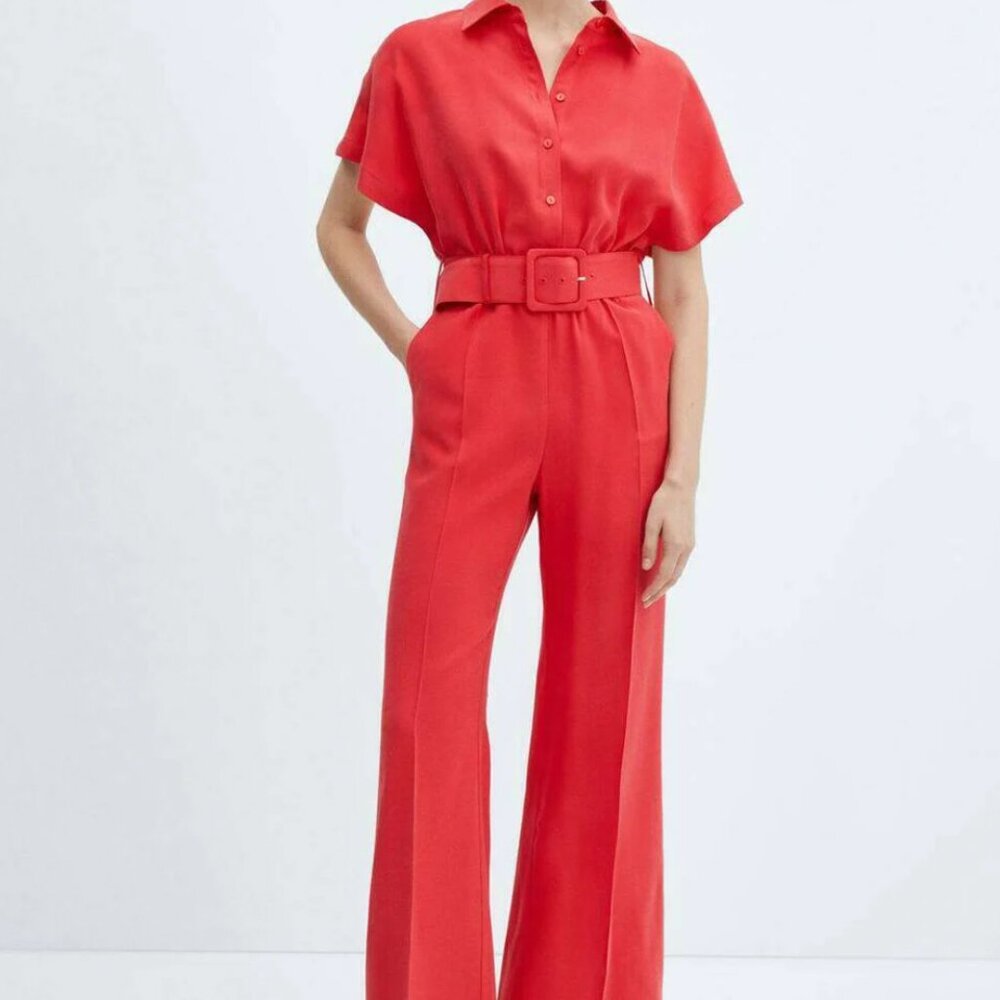 Mango 70s Style Linen Jumpsuit Coral
